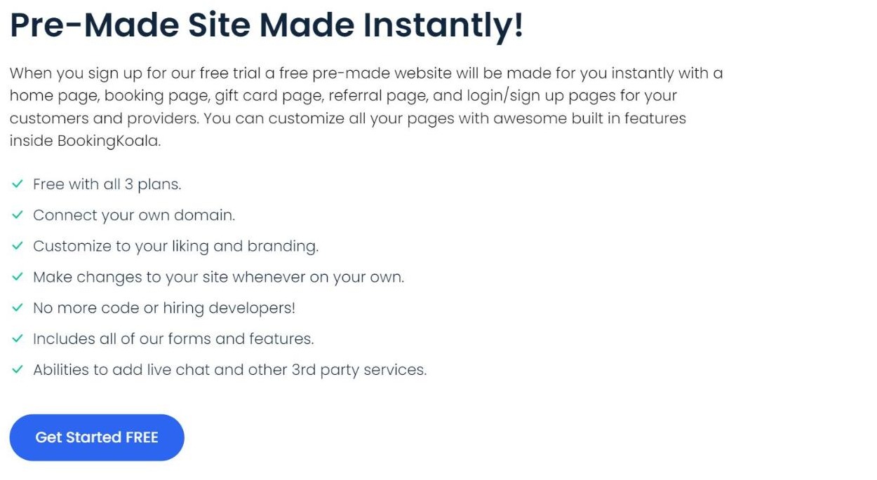 The pre-made site bullets published for the BookingKoala website builder